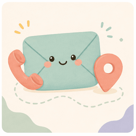 Kawaii envelope character with contact and location symbols