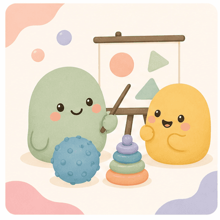 Kawaii training characters beside a presentation board and sensory tools